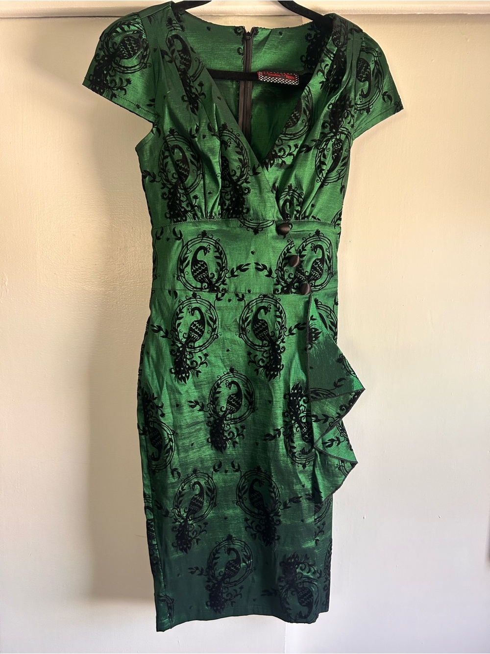Voodoo Vixen Emerald Green Midi Dress with Black Flock Motif - Picture 6 of 6